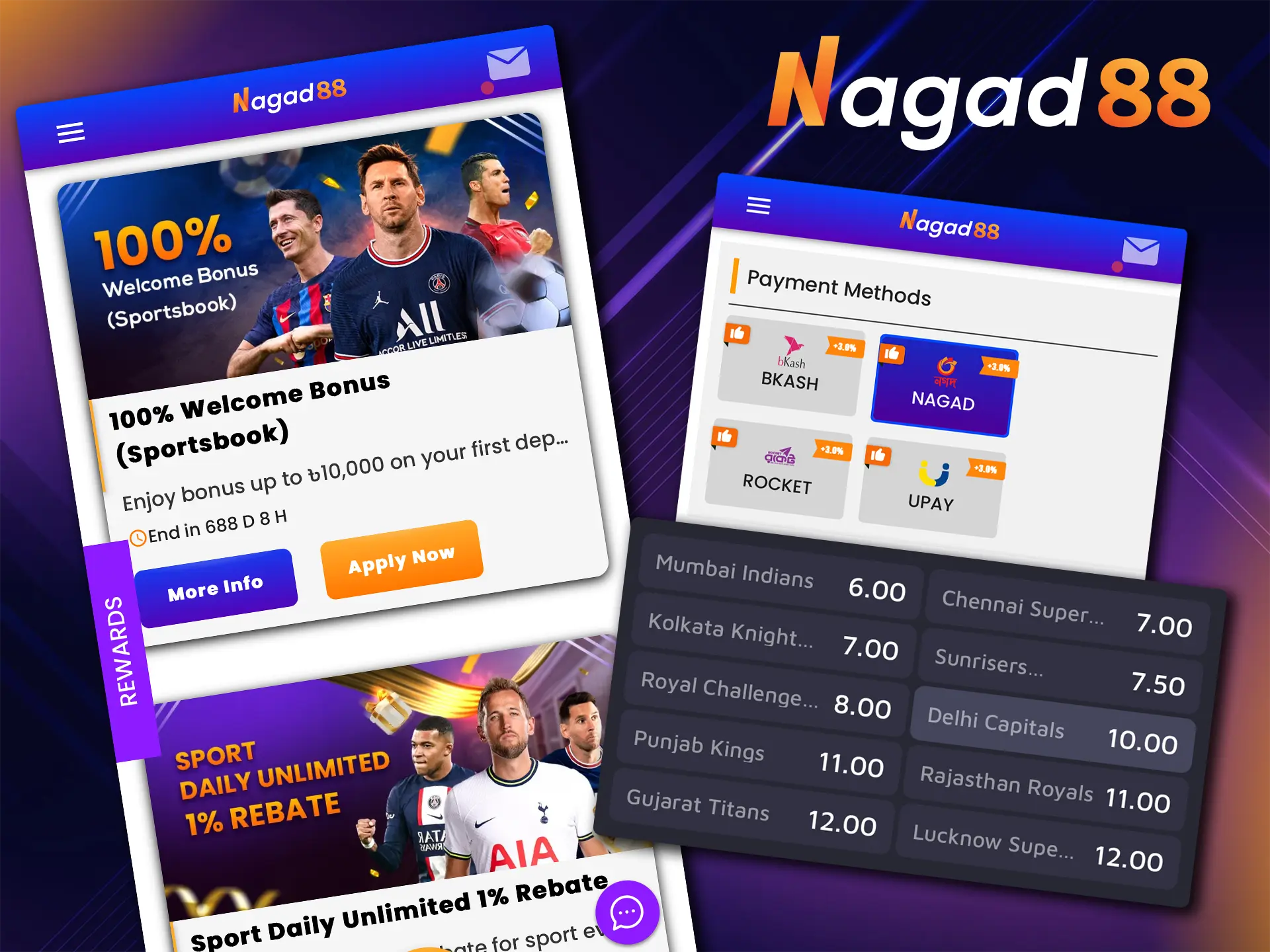 Nagad88 is a unique bookmaker with instant payouts and best bonuses that guarantees you stability when betting on IPL.