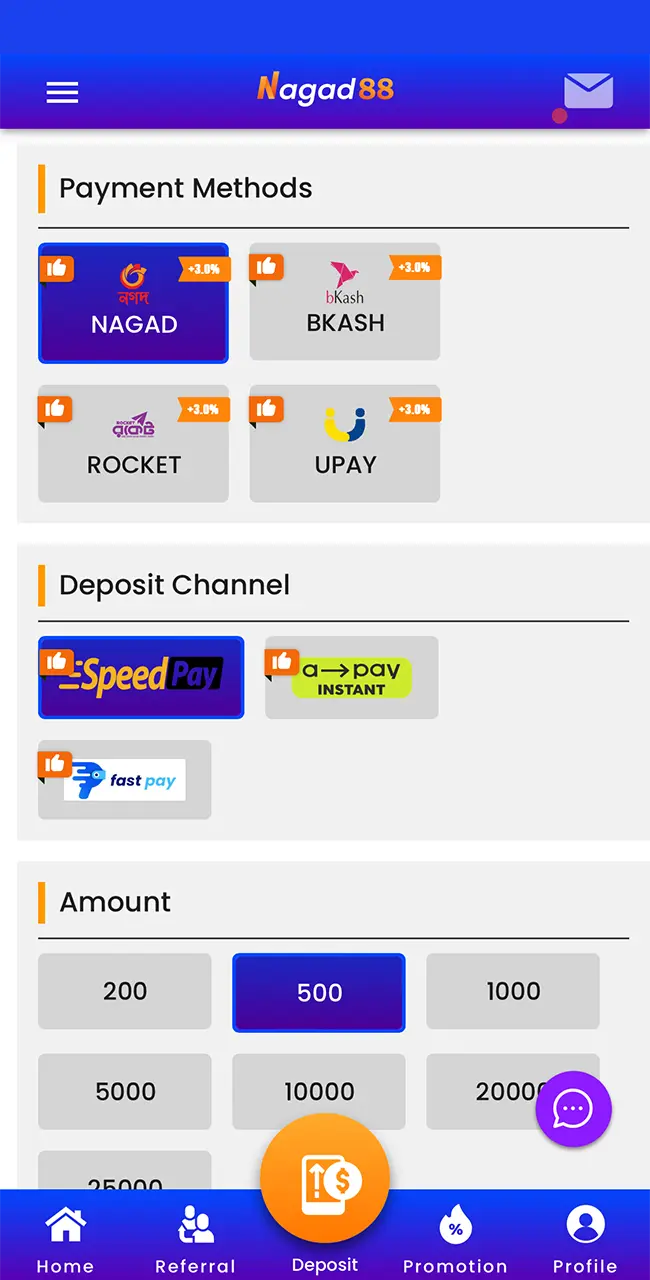 Determine a convenient method for you to deposit to your account at Nagad88 Casino.